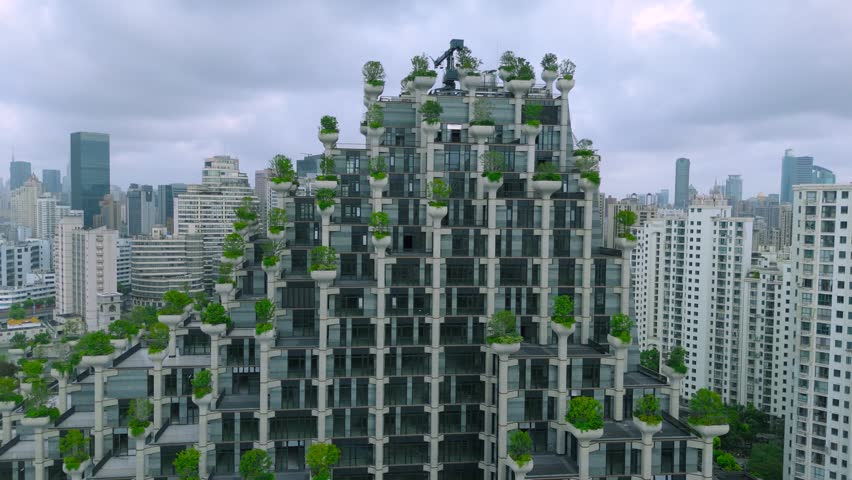 Modern terraced building with numerous green trees on balconies, surrounded by high-rise buildings in a dense urban area, Shanghai.