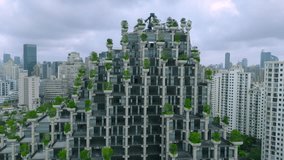 Modern terraced building with numerous green trees on balconies, surrounded by high-rise buildings in a dense urban area, Shanghai. - Powered by Shutterstock - Get 15% off with code: PIKWIZARD15
