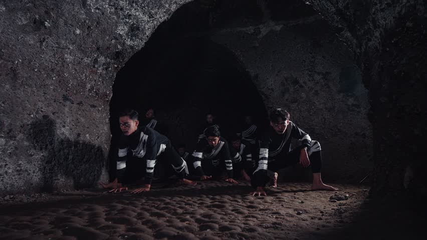 A group of male performers in matching outfits and glasses emerge from a dark cave, moving with intense, animal-like motions. A performance piece about struggle, emergence, or a primal tribe.