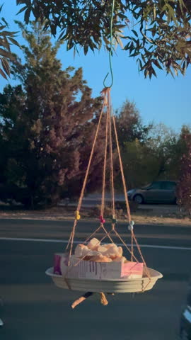 Handmade bird feeder crafted from a tray and ropes hangs from a tree branch. The feeder is filled with food and sways gently in the breeze
