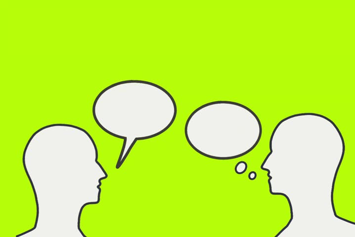 Animation of silhouette of a human head talking with a speech bubble on a green background. communication concept