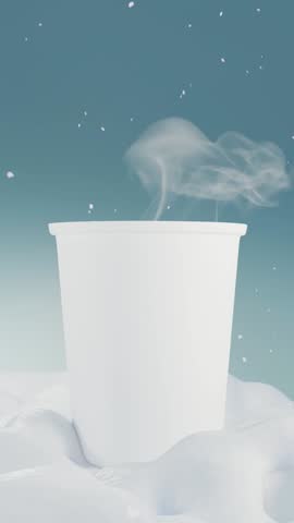 Hot drink in disposable paper cup with steam in winter snow. Cozy seasonal concept, hot coffee or tea outdoors, cold weather background. Copy space.