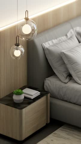 Bedroom in a minimalist modern style with a small work area and wardrobe. 3d render