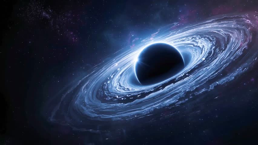 Cinematic view of a massive black hole with glowing accretion disk in deep space. 4K