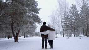 Rear view of a young loving couple walking and embracing in a beautiful winter park. Man and woman enjoying a romantic walk in a snowy forest - Powered by Shutterstock - Get 15% off with code: PIKWIZARD15