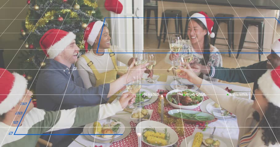 Friends lifting wine glasses at toast invite, clinking as blue charts morphing business insights. Celebration, camaraderie, holidayseason, festive, relationship, socialgathering, technological