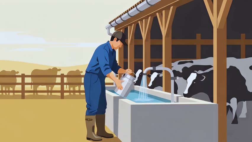 Animated hardworking farmer provides fresh water to cows on a hot summer day in a vibrant rural setting. Perfect for agriculture, animal care, sustainable farming, livestock welfare, and environmental