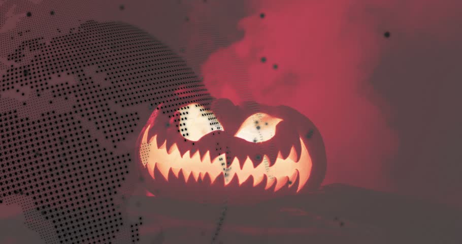 Rotating globe moving left, revealing jack-o-lantern pulsing light with smoke and glitching text. Digital, eerie, minimalistic, technology, horror, dark, atmospheric