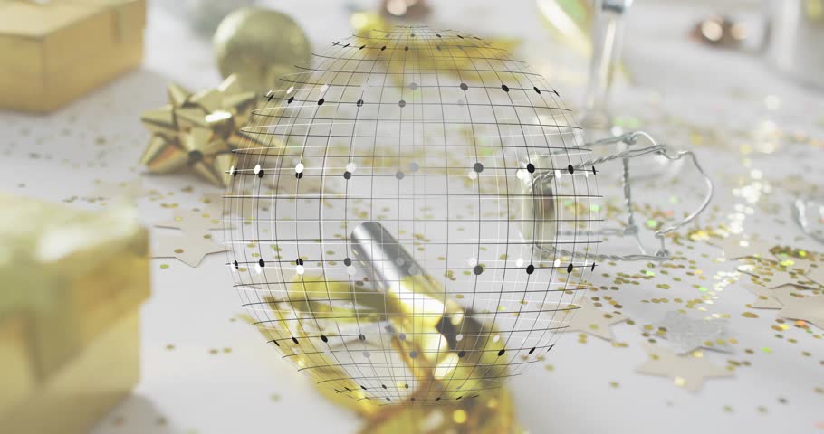 At start sphere rotating under black grid wireframe, revealing gift box and coupe glasses for party. Celebration, festivity, luxury, elegance, glamour, motion, modern