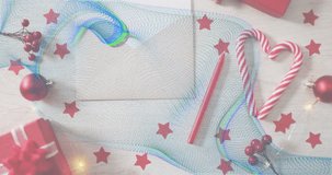 Mesh wave flowing from left across envelope wrapping candy-cane heart linking ornaments drifting. Festive, holiday, celebration, craft, design, seasonal, creative - Powered by Shutterstock - Get 15% off with code: PIKWIZARD15