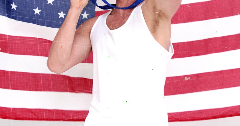 Athlete raising gold medal biting it flexing arm as red finance graph fluctuating celebrating win. Victory, achievement, motivation, success, patriotism, determination, celebration