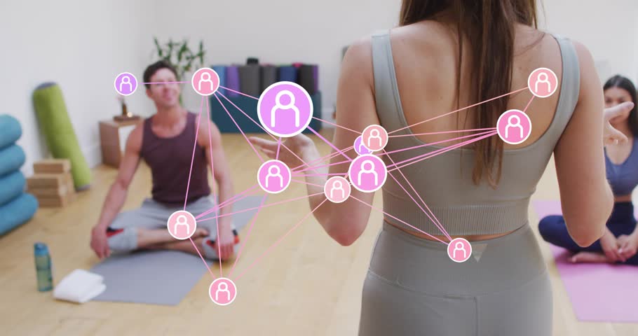 Yoga instructor raising hand and guiding user-icon nodes linking above mats for student focus. Mindfulness, connection, digital, wellness, interactive, harmony, movement