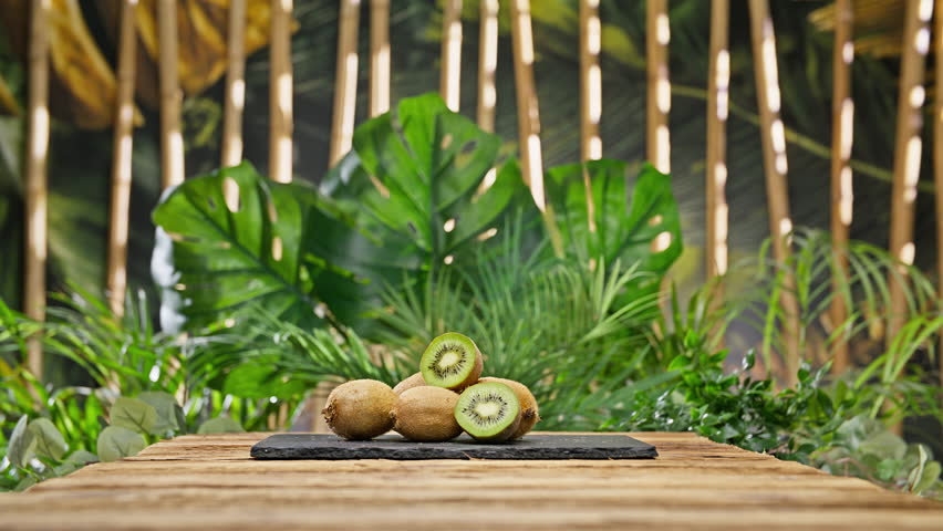 Kiwis on a black stone surface surrounded by tropical plants