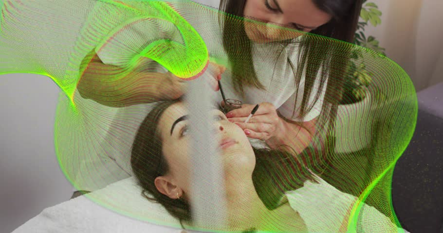 esthetician checking marks and tracing brows with beauty blade as animated guides ensuring symmetry. Cosmetic, grooming, precision, craftsmanship, elegance, spa, artistry