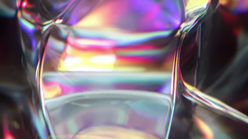 Futuristic holographic prism reflections with vivid violet, teal and magenta iridescent highlights across smooth distorted glass surfaces