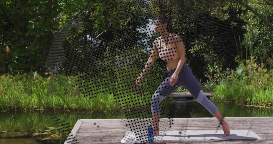 Woman stepping onto yoga mat on dock by pond, activating motion lines for fitness practice. Health, wellness, mindfulness, outdoor, nature, tranquility, flexibility