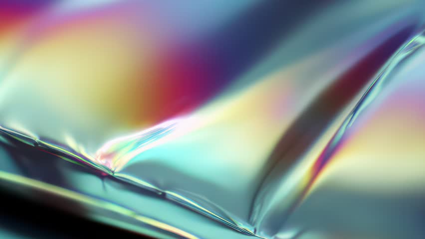 Chromatic liquid distortion with glossy metallic folds, rainbow reflections, holographic cyan-purple shimmer, surreal VHS-inspired refractions and smooth prismatic glitch motion