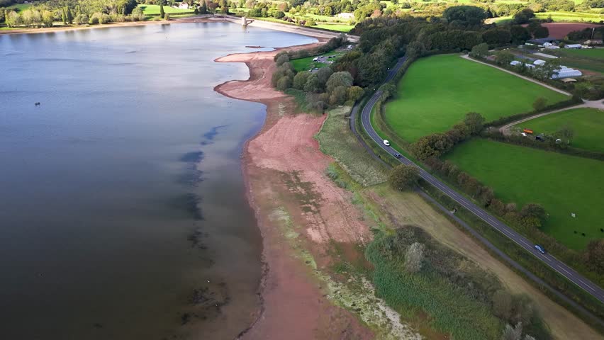Bristol, UK, September 25, 2025: Aerial drone flight over Chew Valley Lake Reservoir, with the water levels starting to rise after the very low levels due to the extreme hot weather.