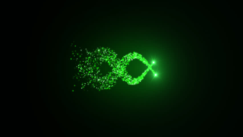 Green particles sketch an infinity figure with neon glow in a seamless loop - great for tech intros, calming ambient visuals, and modern motion backgrounds.