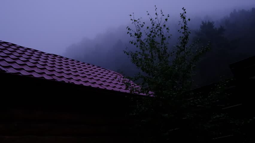 Misty landscape with fir forest. Cottage roof, bungalow. Surreal atmospheric mood. Dark Spruce Wood silhouette surrounded by Fog. Panoramic foothills, mountains. Surreal journey, spirituality