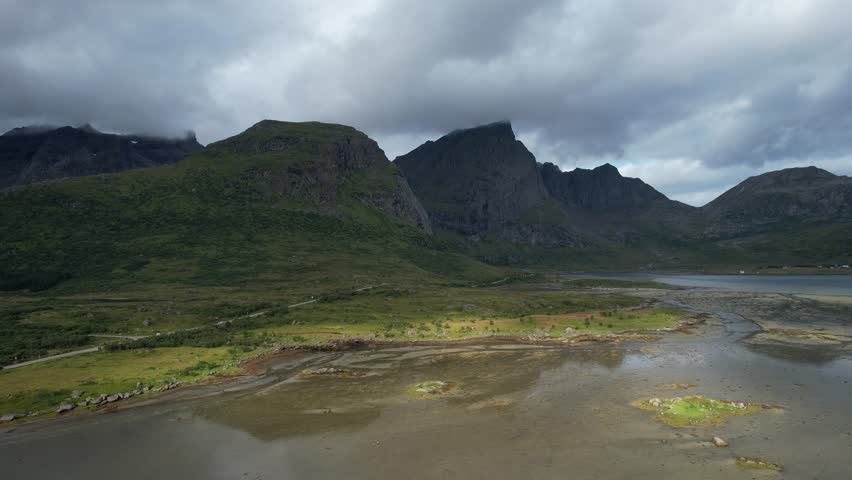 Drone aerial footage of Lofoten islands Norway, near Flakstad