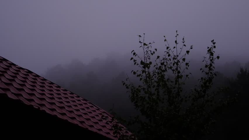Misty landscape with fir forest. Cottage roof, bungalow. Surreal atmospheric mood. Dark Spruce Wood silhouette surrounded by Fog. Panoramic foothills, mountains. Surreal journey, spirituality