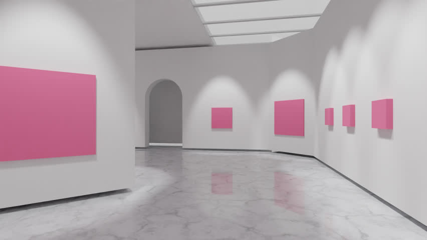 Minimalist 3D render of a bright white gallery interior with blank pink canvases on the walls. Seamless clean architectural animation ideal for art exhibitions, branding visuals, creative presentation