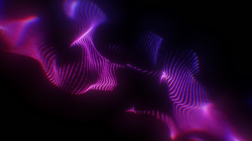 A 4k animation of flowing violet neon lines forming abstract waves of data or energy. Smooth, futuristic visuals ideal for tech intros, digital backdrops, and motion graphics.