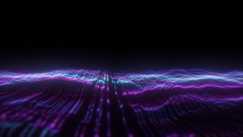 4k 3D animation of glowing pink and blue neon particles forming a smooth digital wave on a black background. Ideal for tech intros, abstract motion, or music visuals. Seamless loop