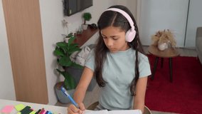 Hispanic girl attending online class and studying from home. E learning student using headphones and laptop computer for education - Powered by Shutterstock - Get 15% off with code: PIKWIZARD15