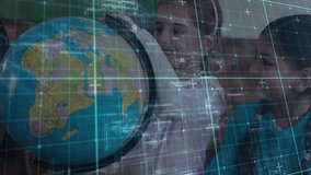 Students sitting at desk in classroom activating AR grid around globe exploring geography education. Educational, collaboration, discovery, multicultural, learning, interactive, youthful - Powered by Shutterstock - Get 15% off with code: PIKWIZARD15