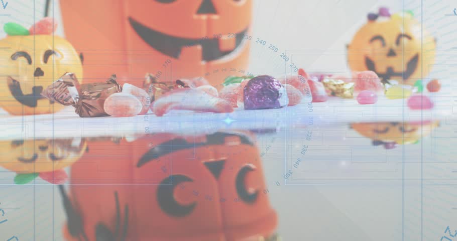 Camera shifting forward, orange pumpkin bucket filling with candies showcasing Halloween display. Festive, autumn, celebration, decorative, playful, seasonal, colorful
