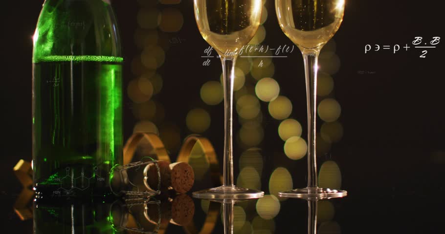 Formulas floating over bottle and flutes, camera zooming, bottle opening to visualize science party. Celebration, luxury, elegance, science, innovation, sophistication, festive