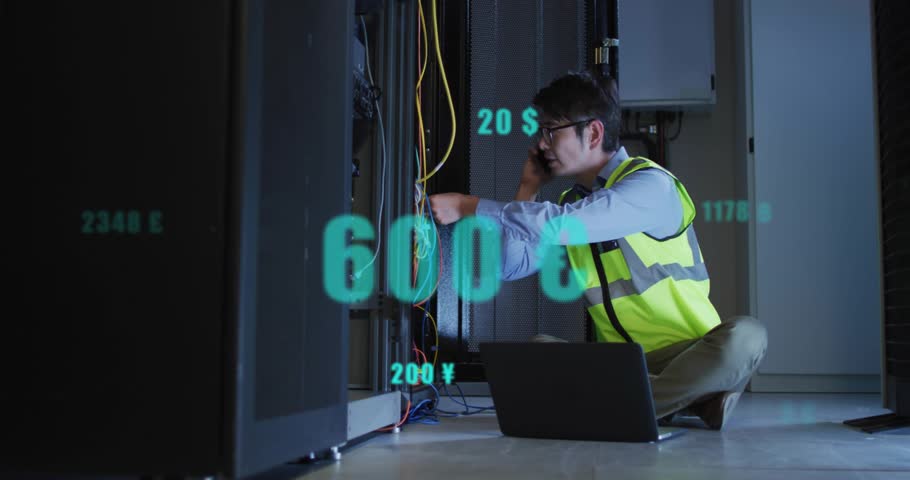 Technician receiving call, tracing cables while monitoring animated metrics resolving server issue. Technician, server, network, data center, technology, troubleshooting, professional