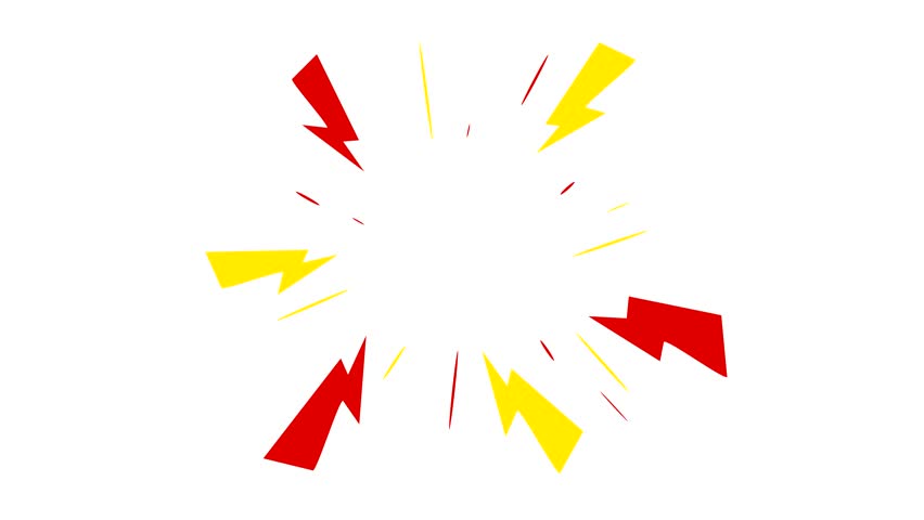 Seamless loop of a dynamic cartoon explosion. Flashing red and yellow lightning bolts create a fun, high-energy shape burst. Blank center space is ideal for a logo reveal or title text. 