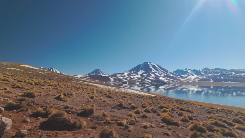 Panning shot of volcano lagoon in the Andes Mountains