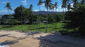 Aerial drone footage flying above palm trees revealing a hidden tropical beach with turquoise ocean on Koh Lanta island in Thailand, showing scenic untouched coastline and exotic paradise landscape. - Powered by Shutterstock - Get 15% off with code: PIKWIZARD15