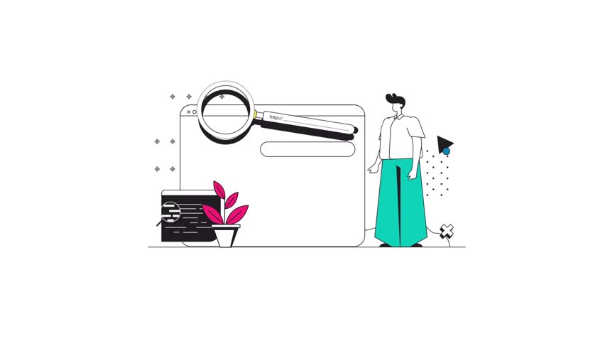 Vector illustration of a person standing near a large web search page with a magnifying glass and URL bar. Represents search engine optimization (SEO), online research, web browsing, and internet tech