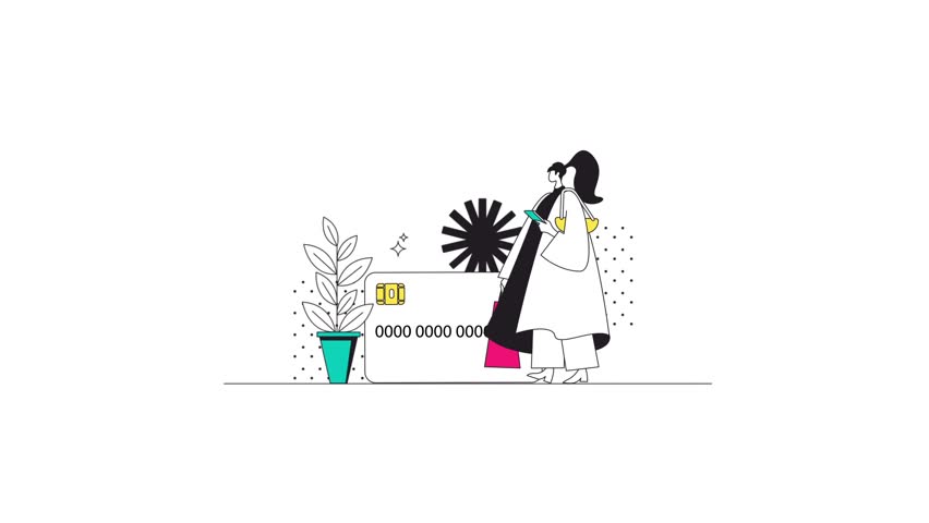 Vector illustration of a woman using a smartphone with a large credit card in the background.