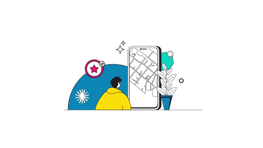 Vector illustration of a person using a smartphone with a map and navigation app on a large mobile screen. Represents GPS navigation, location tracking, online maps, and travel planning. Perfect for.
