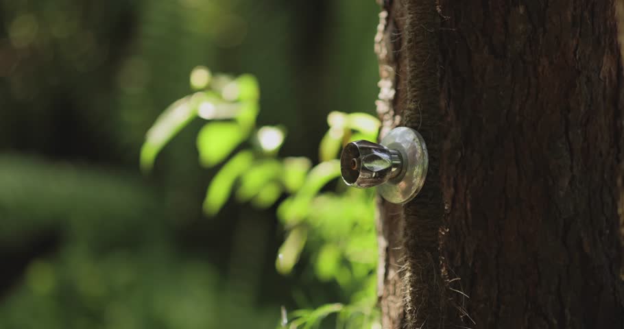 Close up of outdoor shower fixed to a tree turning on, water flowing in sunlight with lush tropical greenery. Perfect concept for eco resort, spa, wellness, sustainability and vacation promo.