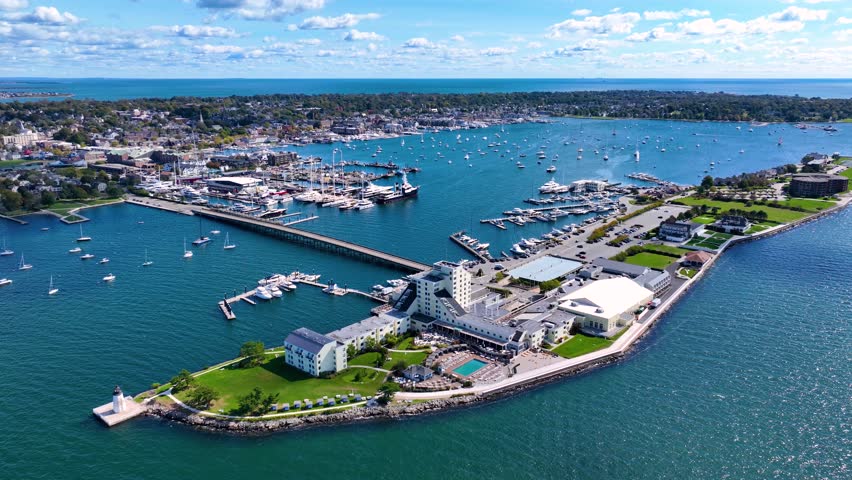 Goat Island aerial view including Goat Island Marina and Goat Island Lighthouse in Narragansett Bay, Newport, Rhode Island RI, USA. 