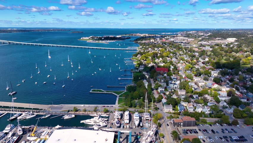 Newport coast aerial view including St John the Evangelist Church on Washington Street in Newport Harbor in Narragansett Bay, city of Newport, Rhode Island RI, USA. 