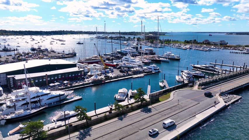 Newport Harbor aerial view in Narragansett Bay, city of Newport, Rhode Island RI, USA. 