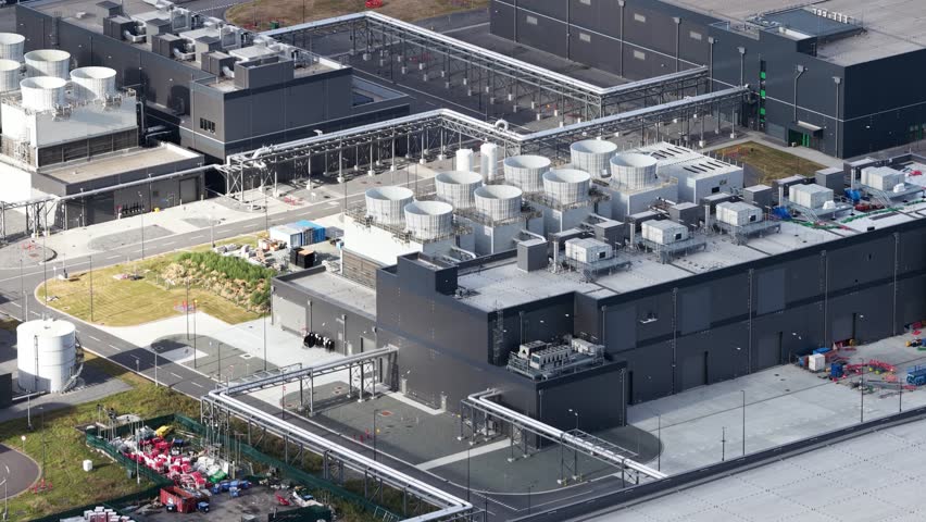 large data center facility, Coud services, big data and artificial intelligience infrastructure. Sainth Ghislain, Belgium. Aerial views.