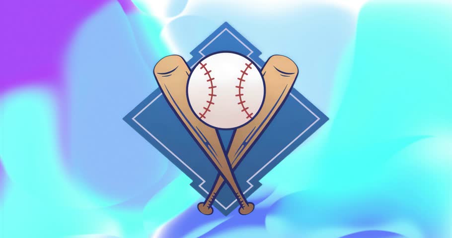 On start baseball emblem with crossed bats rotating to show red stitch pattern over gradient. Sports, emblem, badge, geometric, vibrant, motion, energetic