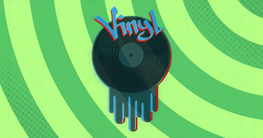 On start displaying vinyl record dripping paint, Vinyl text over expanding green rings logo reveal. Music, record, abstract, artistic, vintage, retro, logo