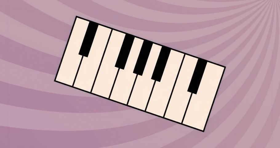 On load piano keyboard tilting right then left over flat spiral background for rhythmic motion. Abstract, motion, dynamic, rhythmic, minimalism, digital, artistic