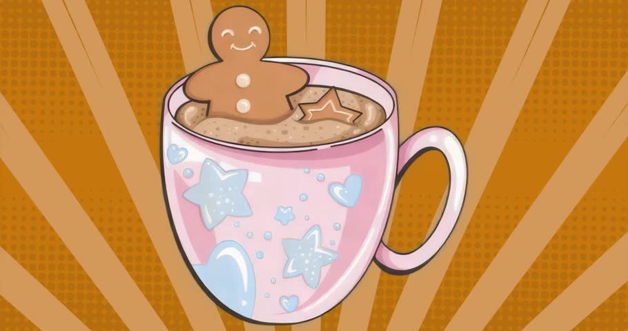 On load looping cartoon showing smiling gingerbread inside pink star pattern mug for festive feel. Whimsical, cheerful, cozy, illustrative, seasonal, sugary, festive
