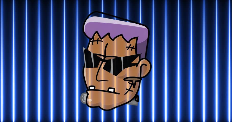 Initial head sporting sunglasses, smoking rotating right settling into profile in neon bar backdrop. Vector art, cyberpunk, futuristic, digital art, nightlife, moody, vibrant